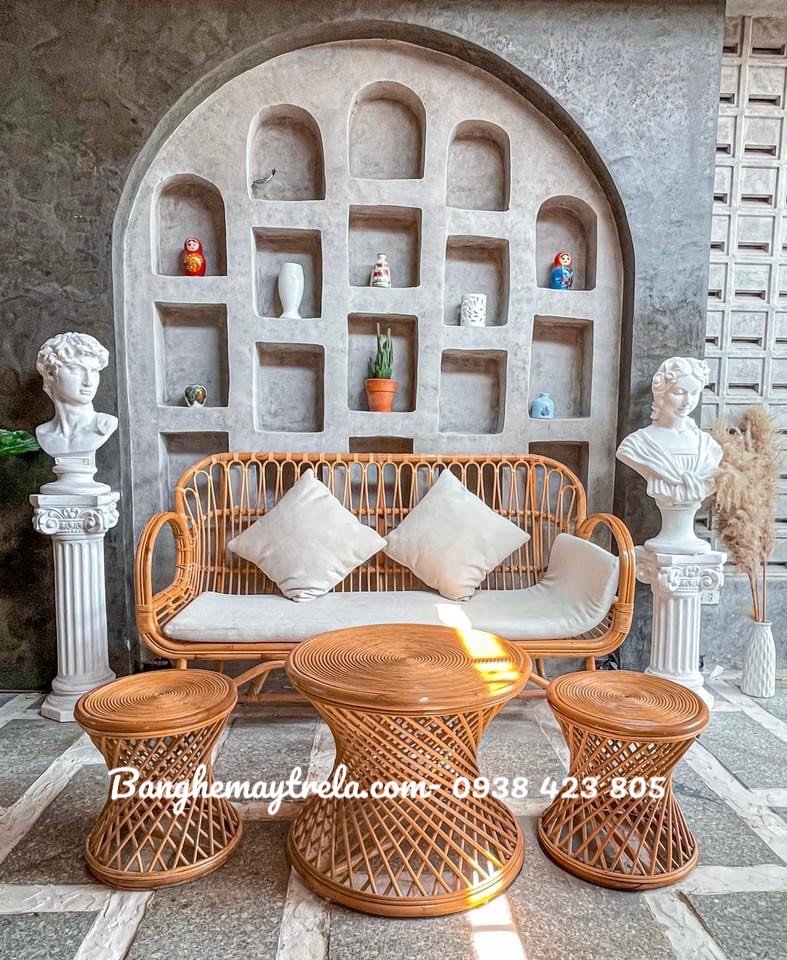 Bàn ghế sofa mây tay cuộn phòng khách